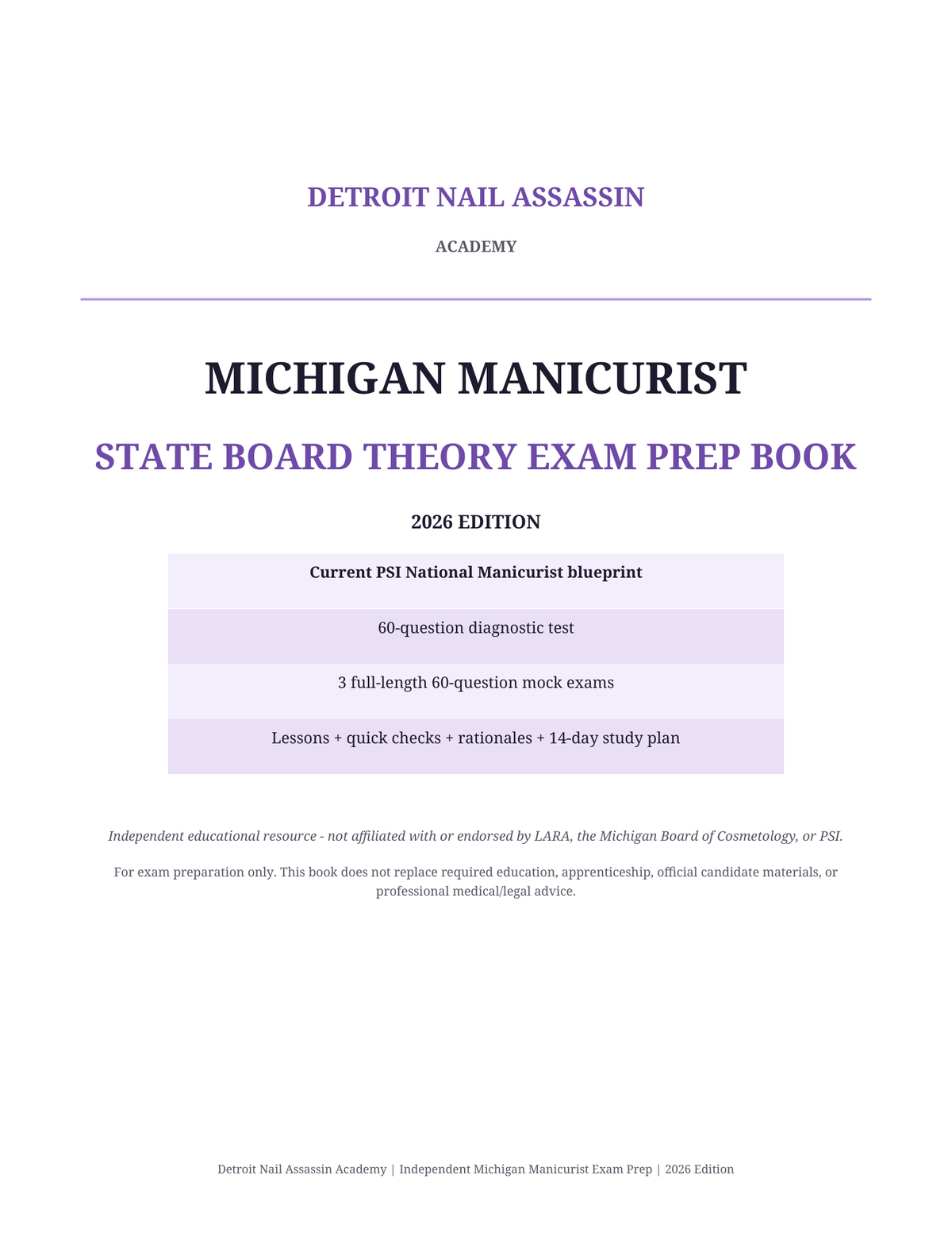 Detroit Nail Assassin Academy Michigan Manicurist State Board Theory Exam Prep Book 2026 cover